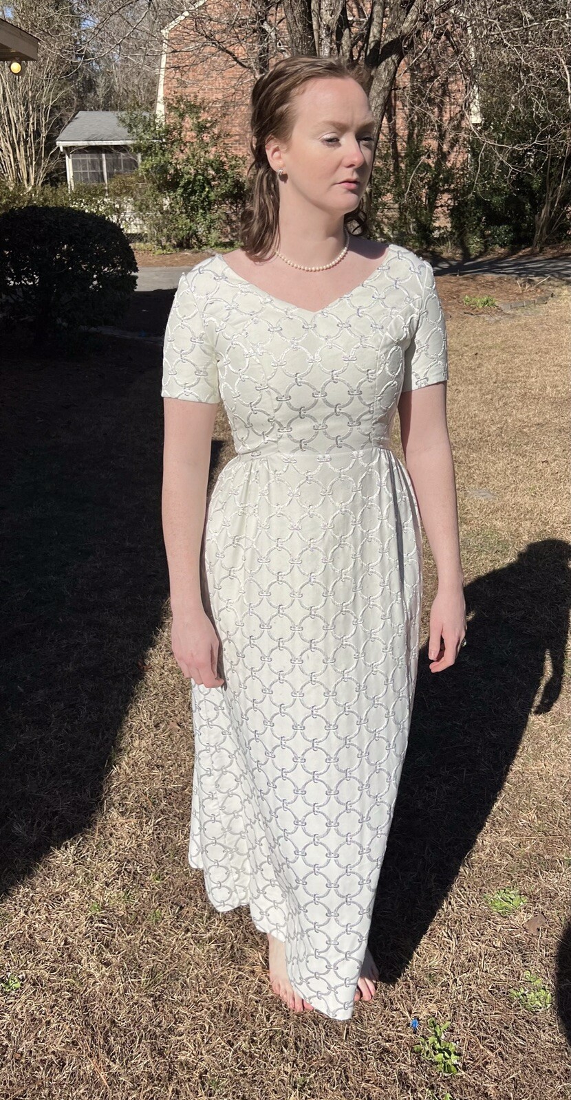 Vintage 60&rsquo;s NYE White Formal w/ Metallic Silver Loops, Jackie O. Vibe, Mad Men
