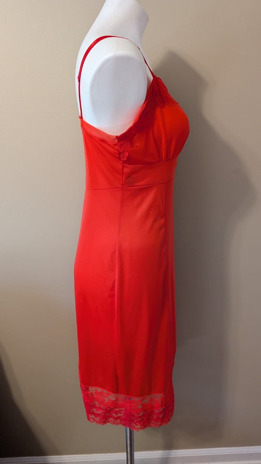 Vtg Nancy King RED Nylon/Lace Full Slip/Dress Privacy Panel Adj Straps Size 36