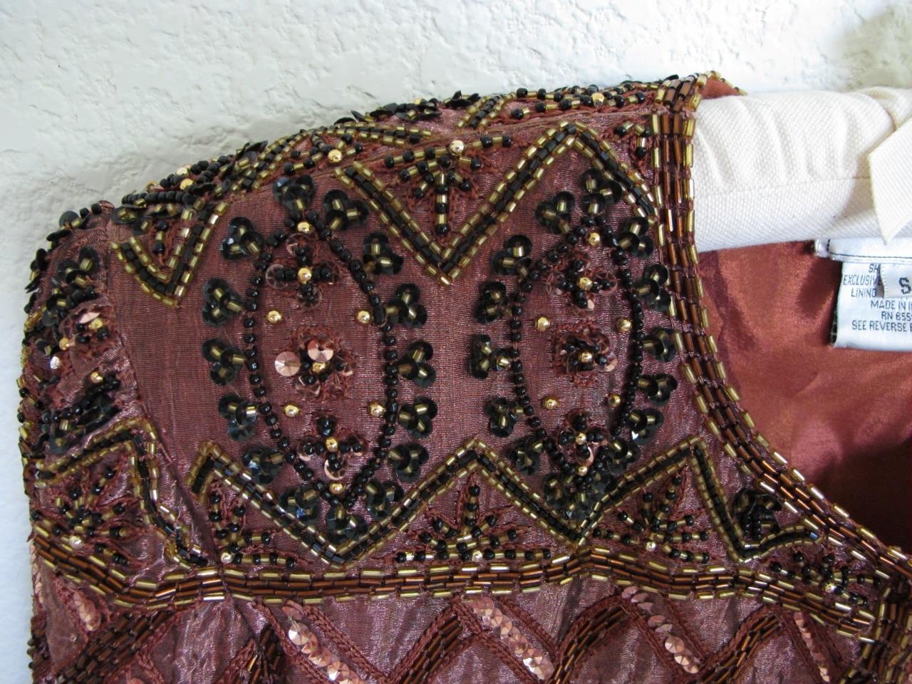 Vintage 80s Stenay Copper Brown Silk Trophy Sequin & Bead Jacket S Glam Party