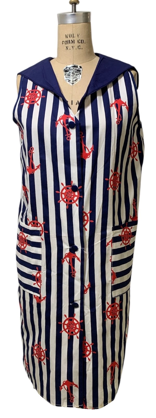Vintage 60s/70s Women&rsquo;s Nautical Print Striped Sailor Collar Shift Dress Sz M/L