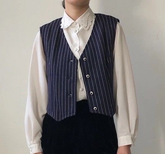 VTG Pinstripe Wool Vest Made In Hong Kong Alexander’s Navy Blue size M