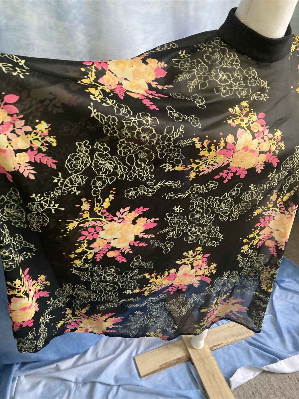 Vtg 70s Floral Chiffon Poncho Sheer Mock Neck Boho Festival Cape Top XS S EUC