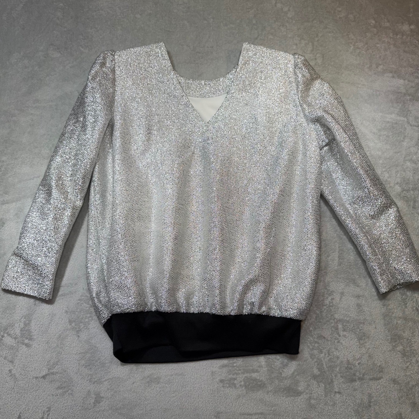 Vintage 80s Silver Metallic Knit Disco Blouse Puff Sleeve Shimmer Top L Festival
