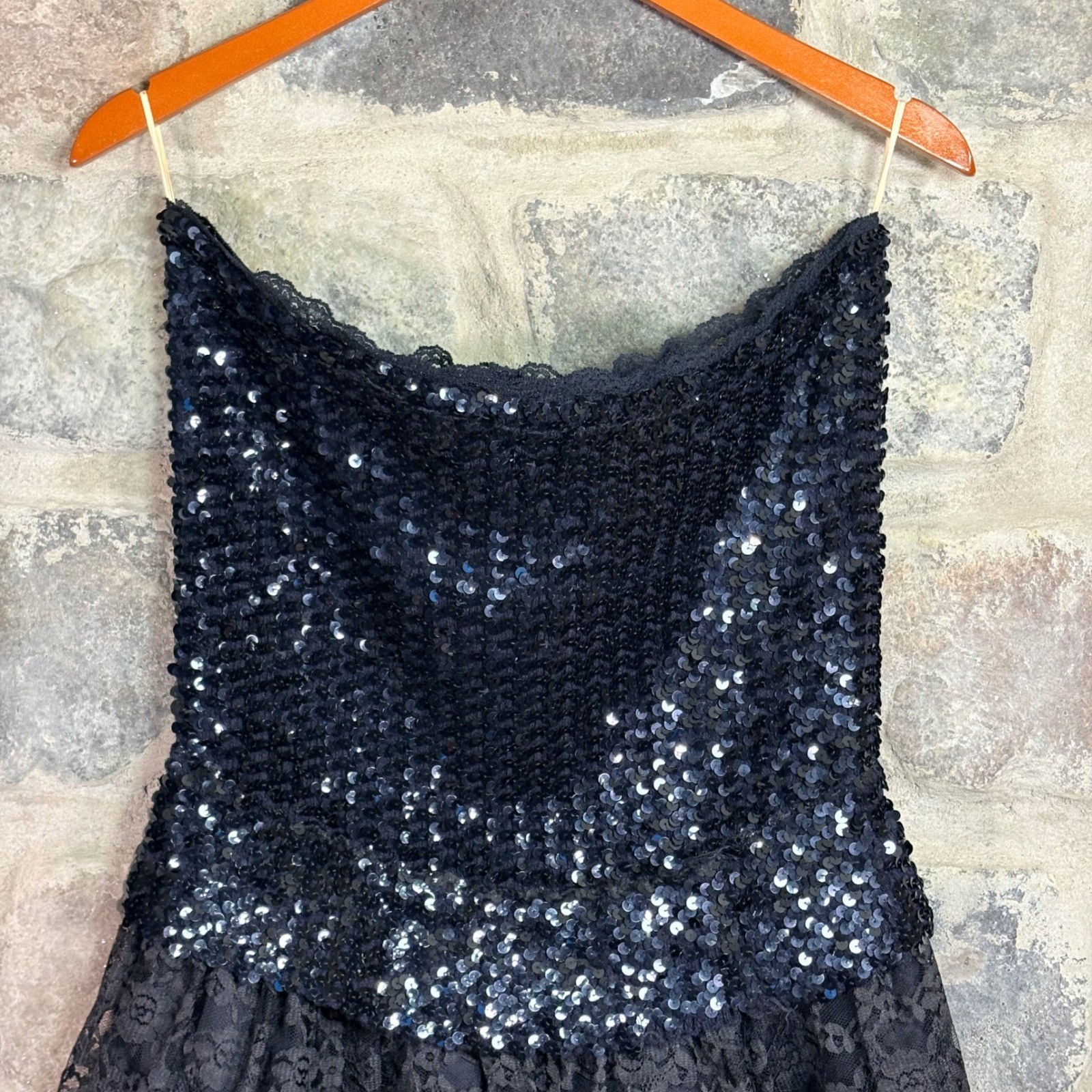 Vintage Alfred Angelo Flirtations Black Sequin Tiered Lace Dress Union Made 80s