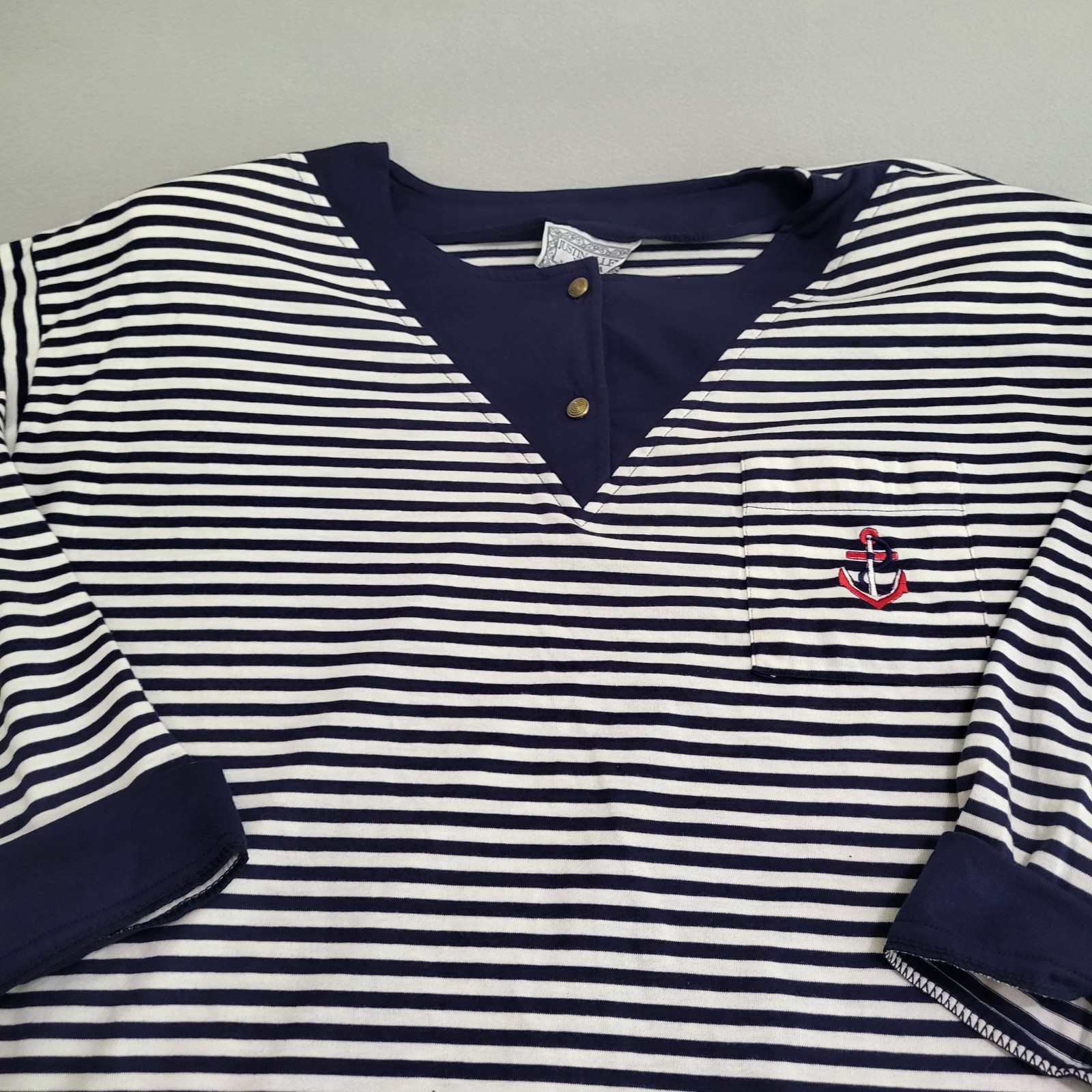 VTG Long Sleeve Striped Nautical Shirt Embroidered Anchor Women&rsquo;s 44/24W NOS