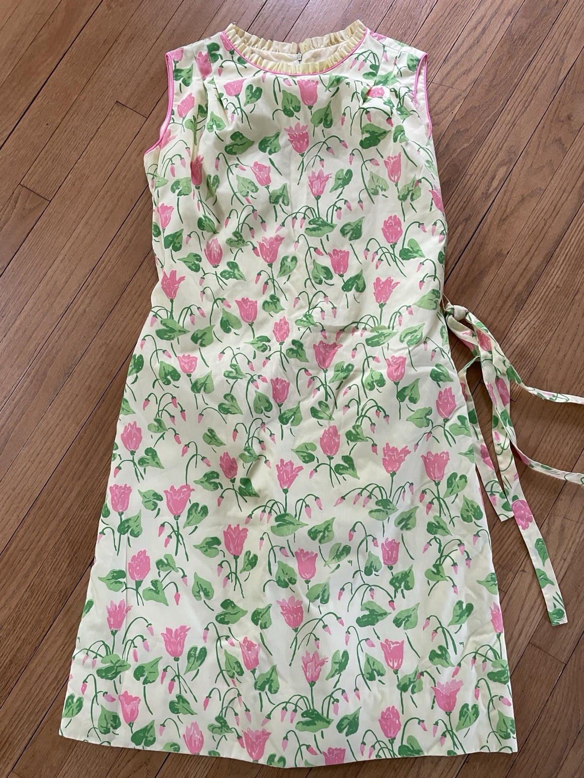 The Vested Gentress Vtg 60&rsquo;s Yellow Pink Green Flower Screen Print Dress Sz 14