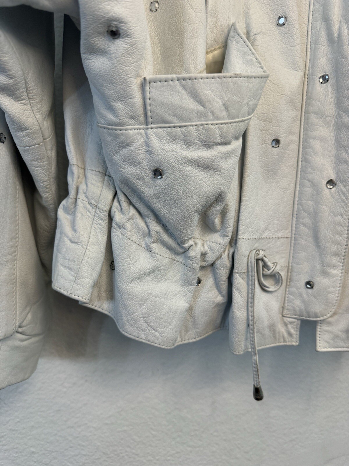 Vintage 1990s COPPER KEY White Leather Jacket Womens Large Rhinestone Coat Moto