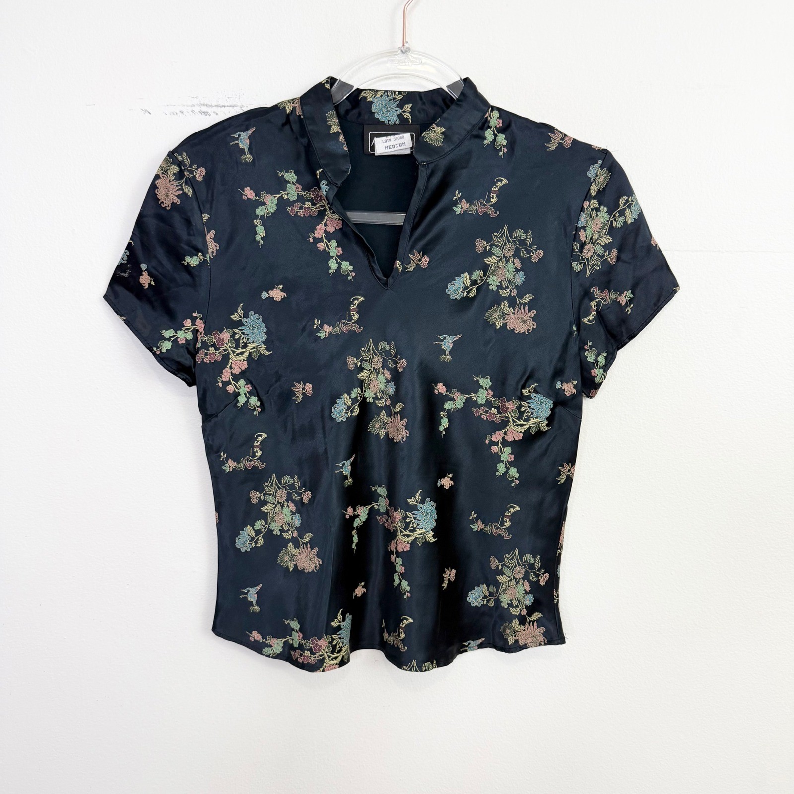 Anxiety Vintage Y2K Floral Jacquard Mandarin Collar Satin Top Medium