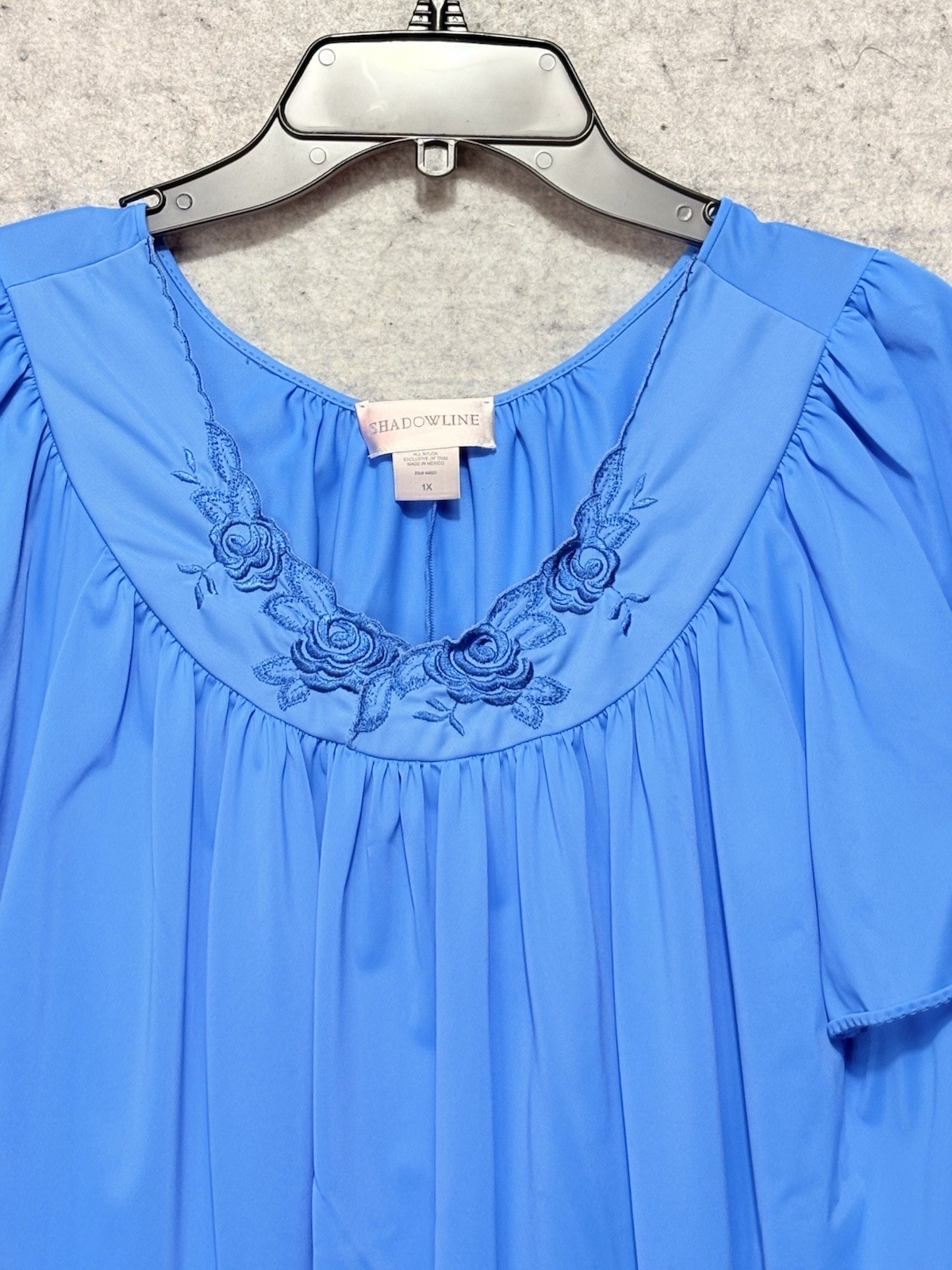 VTG Shadowline 1X Blue Nightgown Nylon Embroidered Floral Plus Size Soft