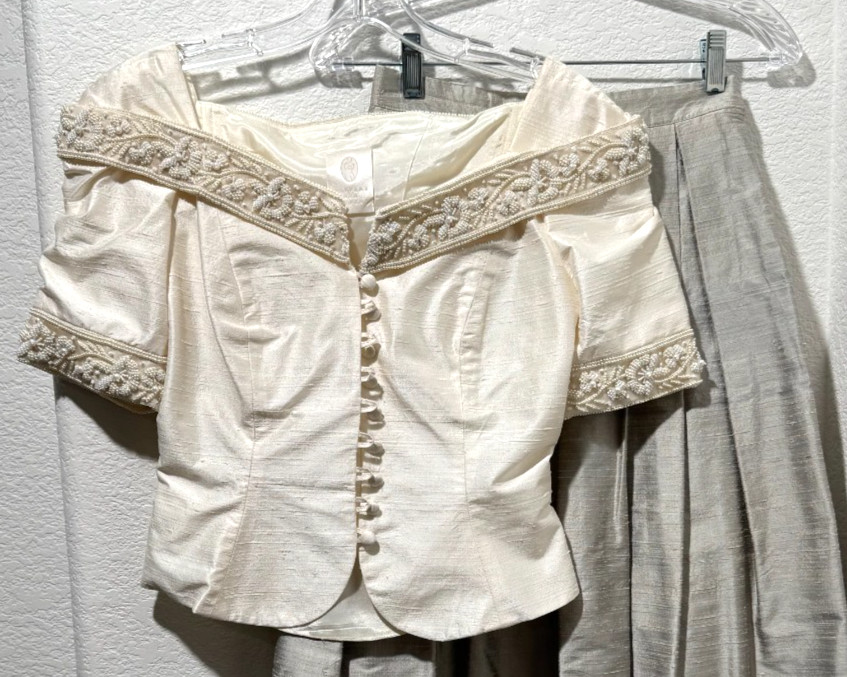 Vintage Romantic Beaded Ivory Blouse Skirt Set Watters Watters Bridal Top Sz 2/4