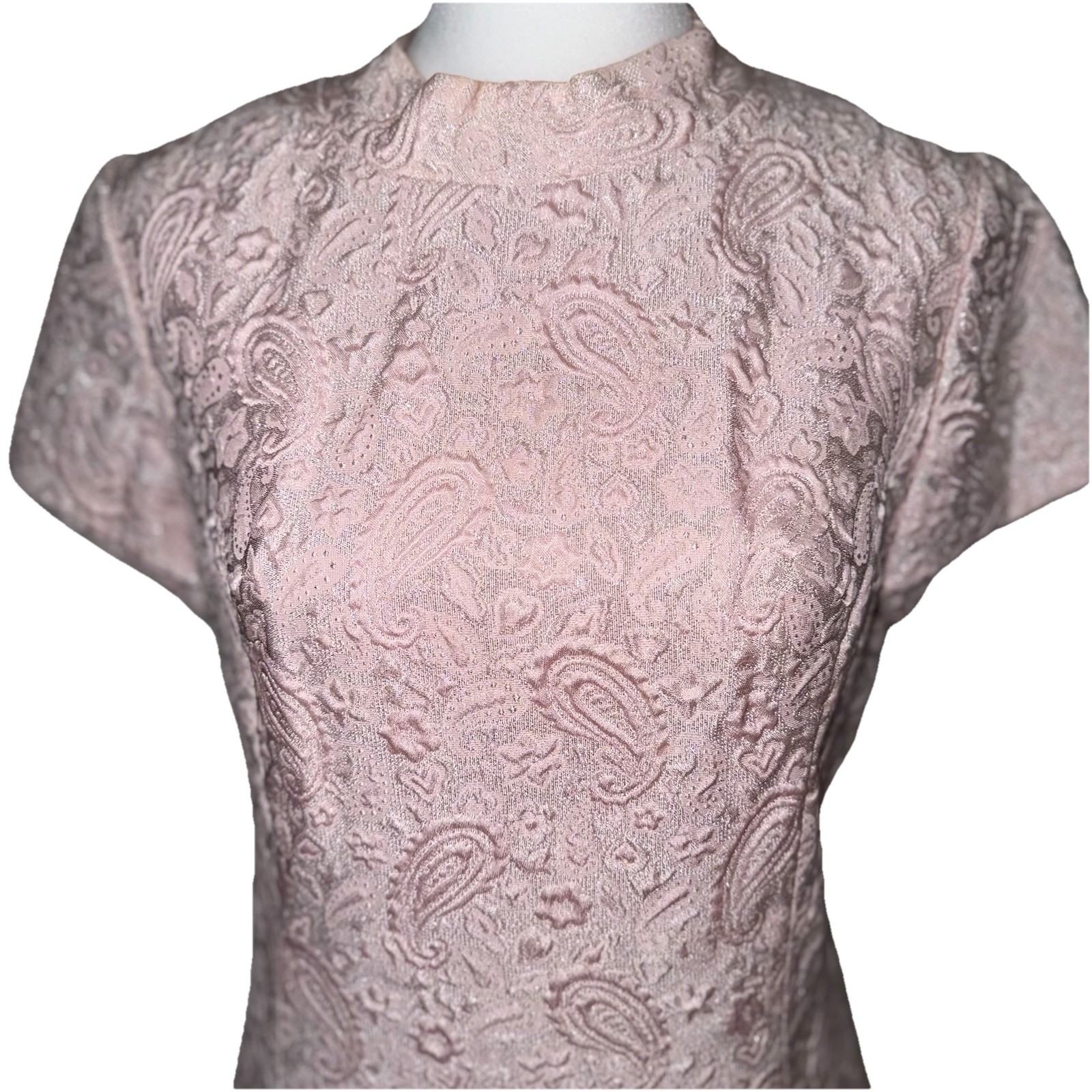 Vtg Party Dress 60s Paisley Pink & Silver Brocade Mod Cocktail Harmay S 6 36
