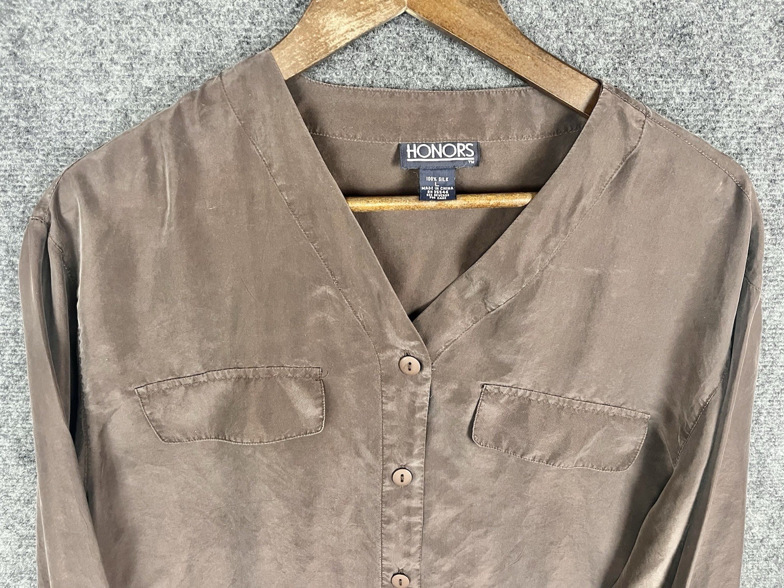 Vintage Honors Womens Silk Top Blouse Button Up Long Sleeve Brown Size Large