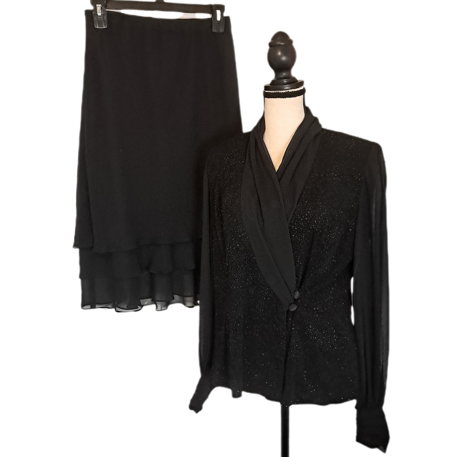 Vtg 80s Alex Evenings Black Sparkle Chiffon Skirt Set Cocktail Wedding Party M