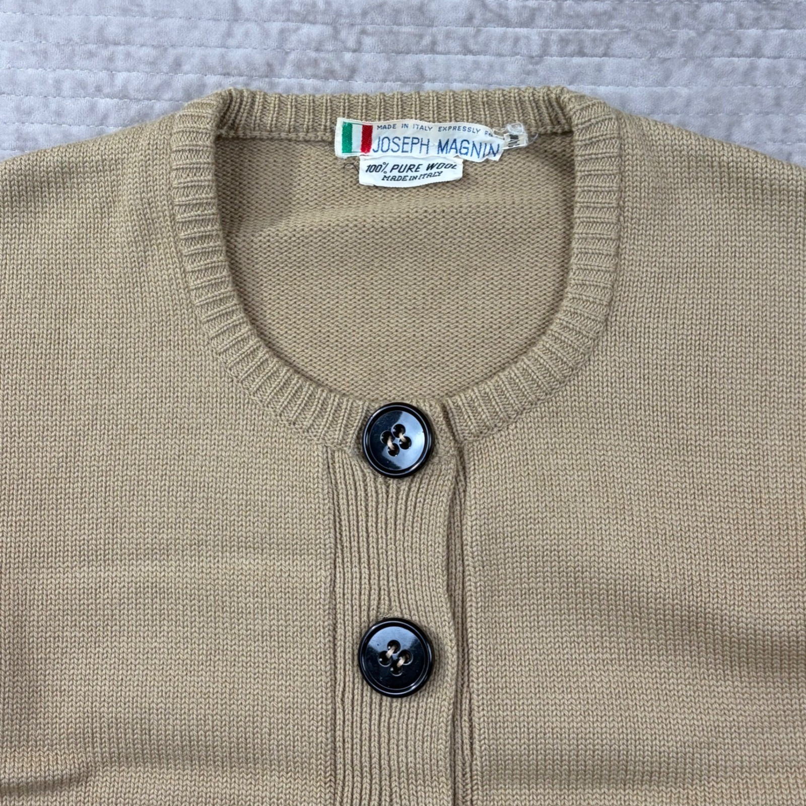 Vintage Joseph Magnin Tan Pure Wool Short Sleeve Cardigan Sweater Made in Italy