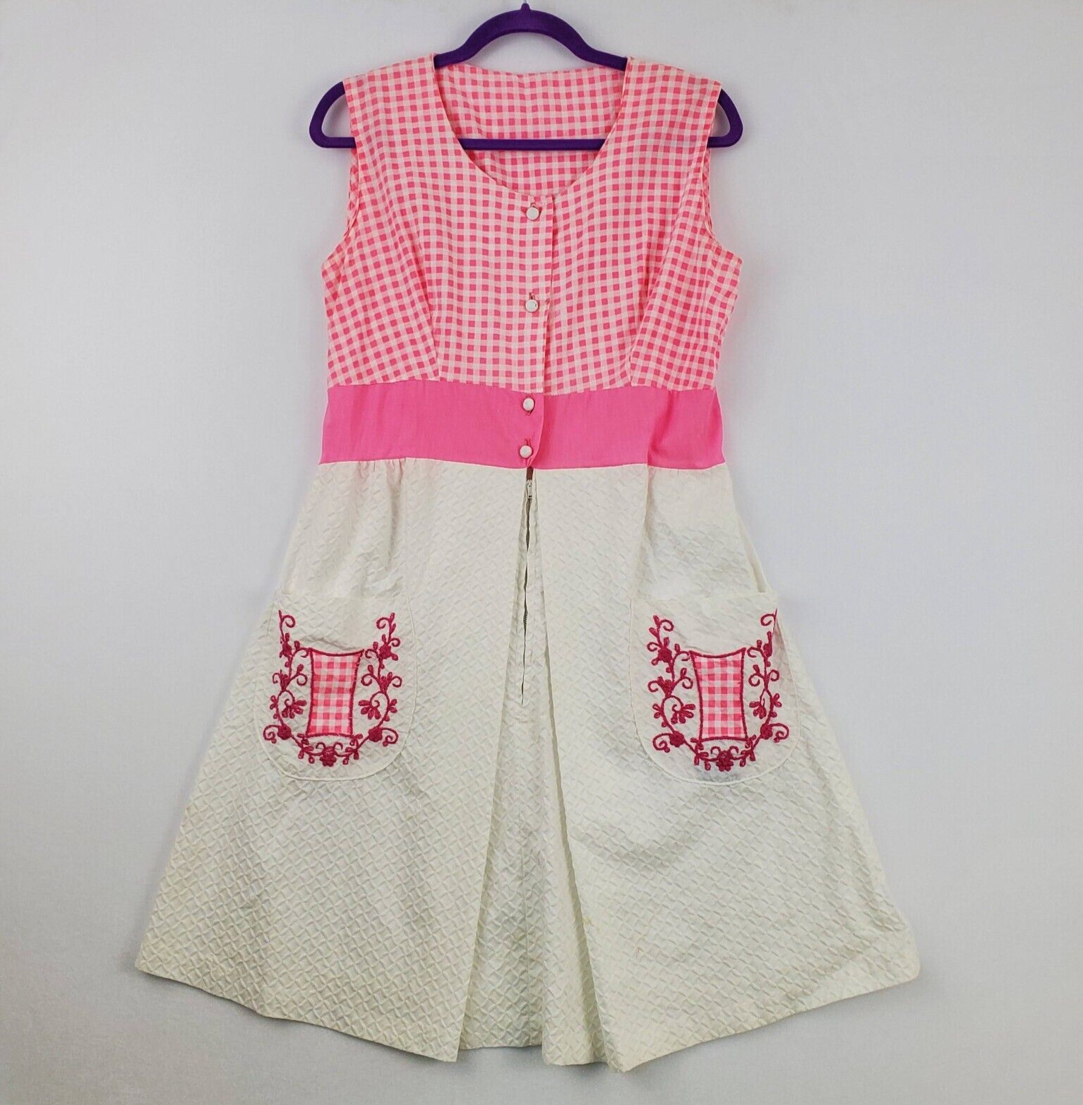 Vtg BarbieCore Pink White Gingham Cottage 60&rsquo;s Mini Tank Dress Embroidered S/M