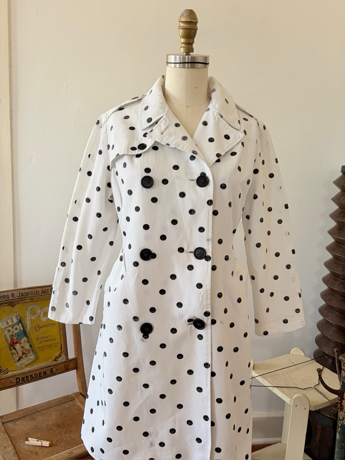 1960s Polka Dot Print Faille Trench Coat Double Breasted Jacket Jackie O 50s