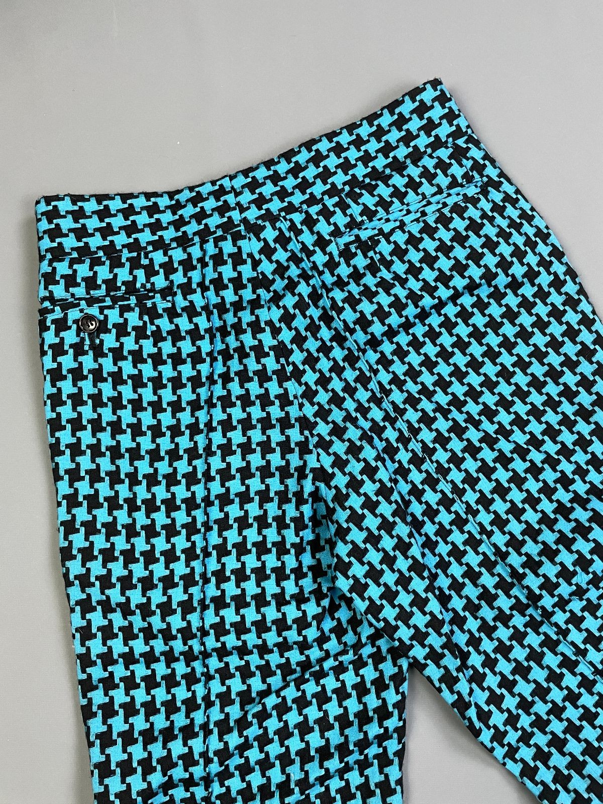 Comme Des Garcon 1990S CHUNKY WOVEN HOUNDSTOOTH & CAMO LIGHT FLARE TROUSERS Blue