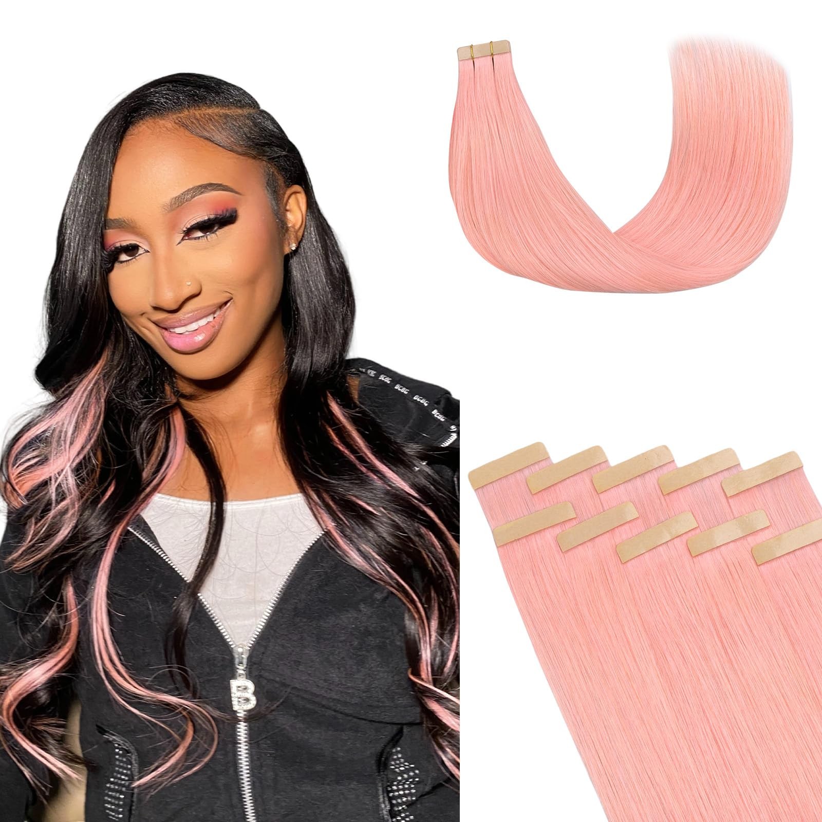 Lashey Pink Tape in Human Hair Extensions 22&Prime; 30g 10pcs Real Remy