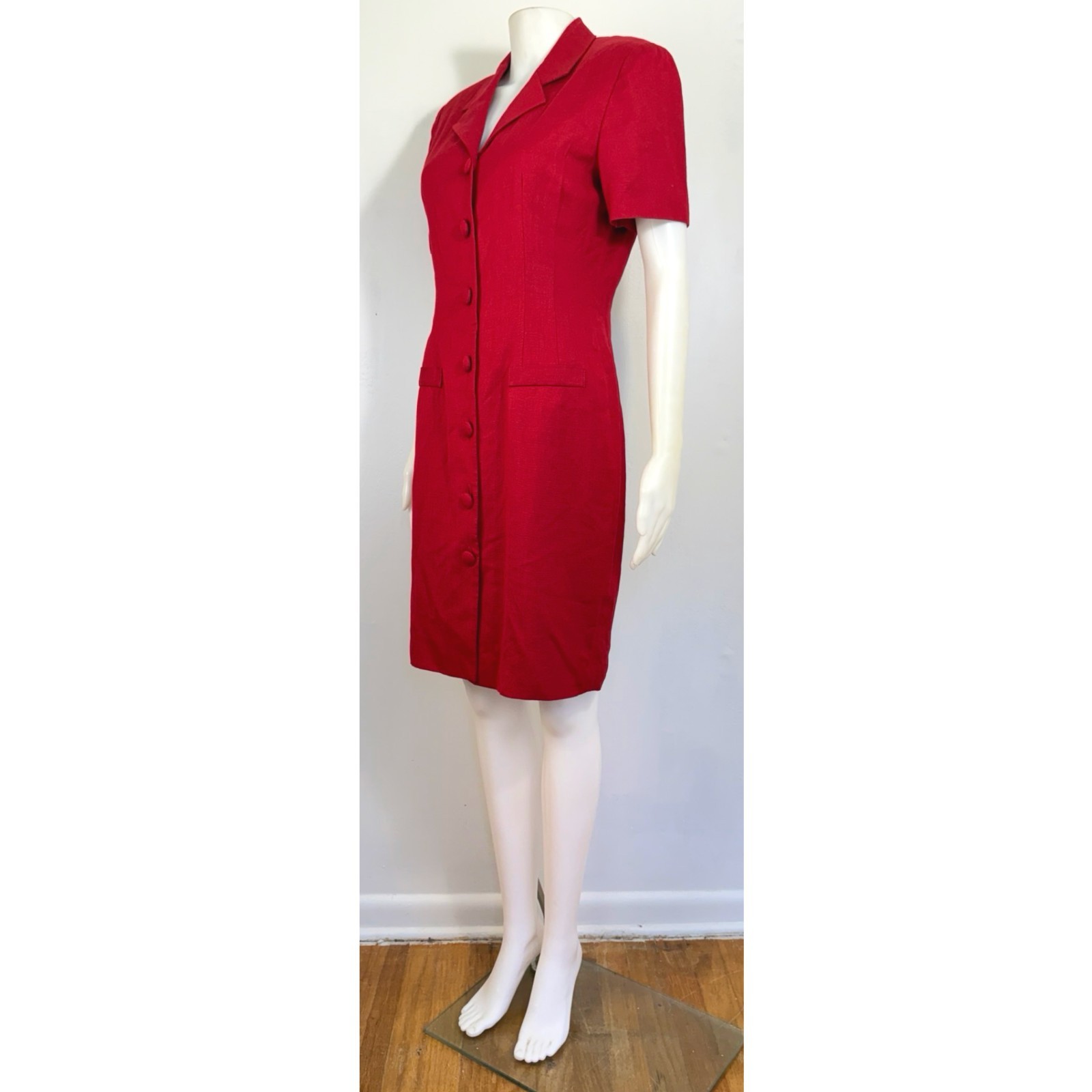 Vintage Red Button-Front Blazer Dress Size Medium Linen Blend Short Sleeve Shirt