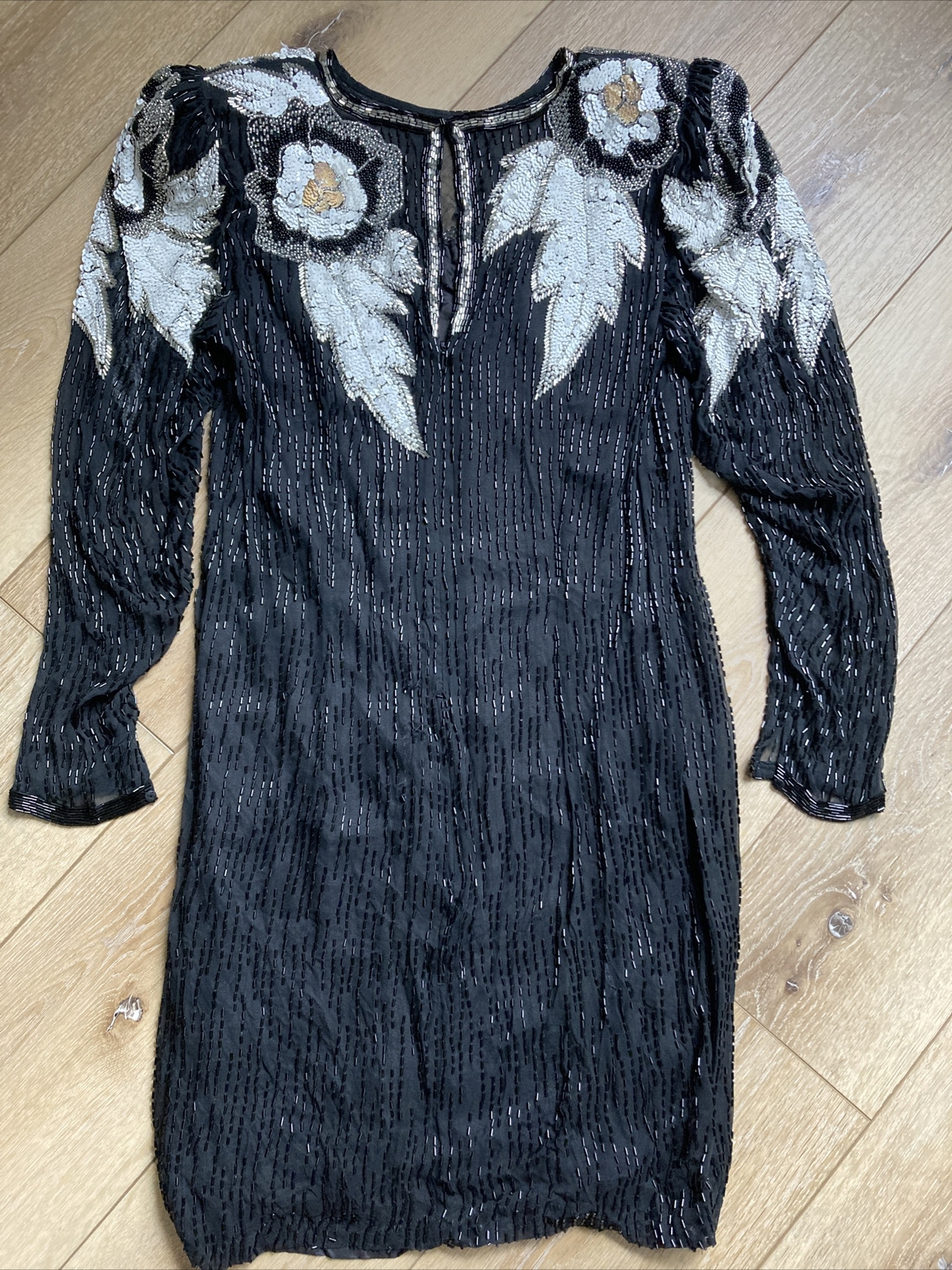 Vintage 80s Niteline Beaded 100% Silk Cocktail Formal Party Dress 10 FLAW READ