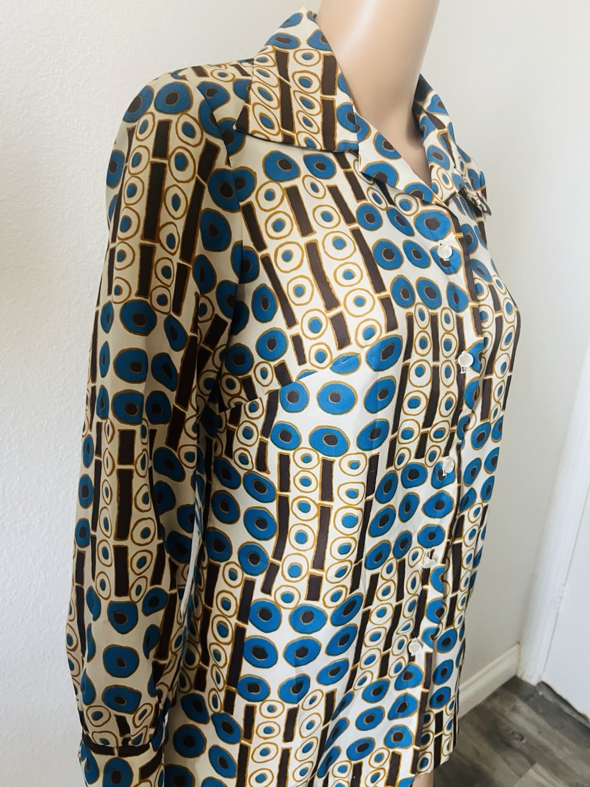 VTG 70s Disco Bold Geometric Circles Big Collar Blouse Graff Californiawear Top