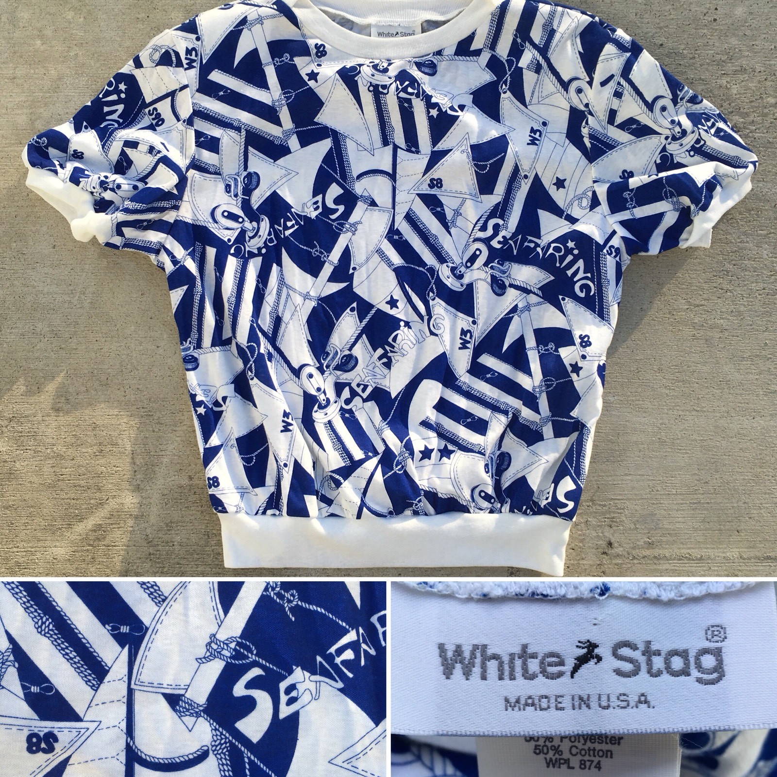 Vintage SEAFARING Nautical T-Shirt Top White Stag L 80s All Over Print