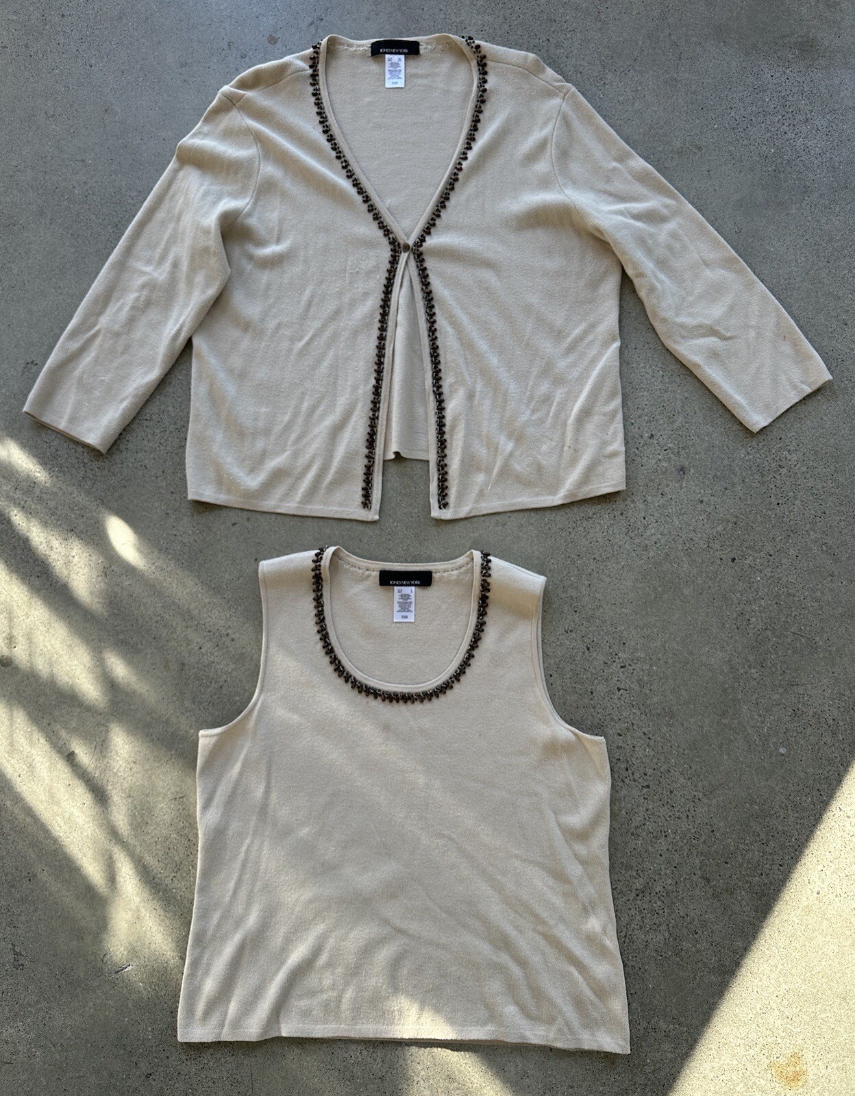 Vintage Jones New York Cream Rayon & Nylon Beaded Tanktop & Cardigan Set L / XL