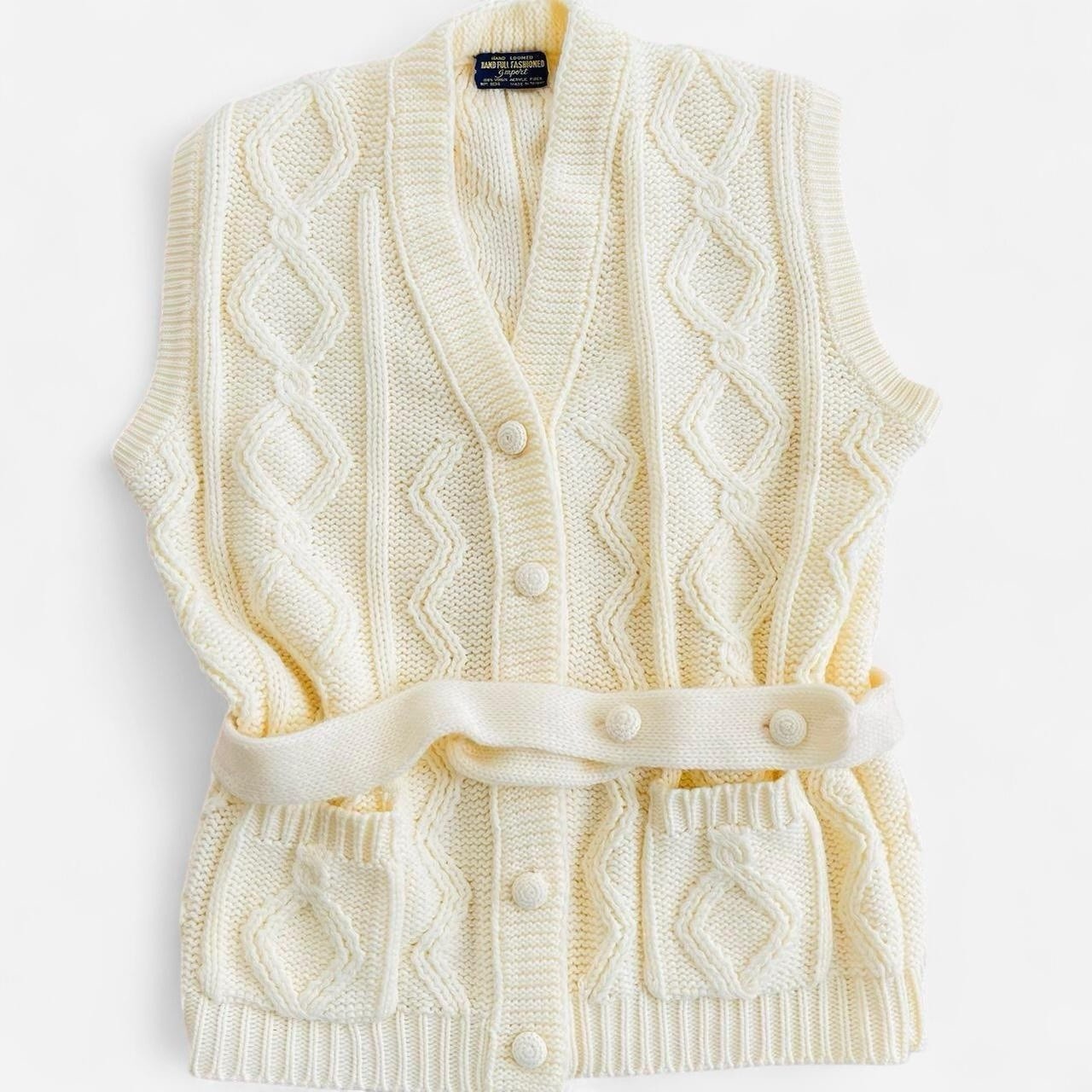 Vintage Hand Full Fashioned Hand Loomed Ivory Knit Belted Sweater Vest