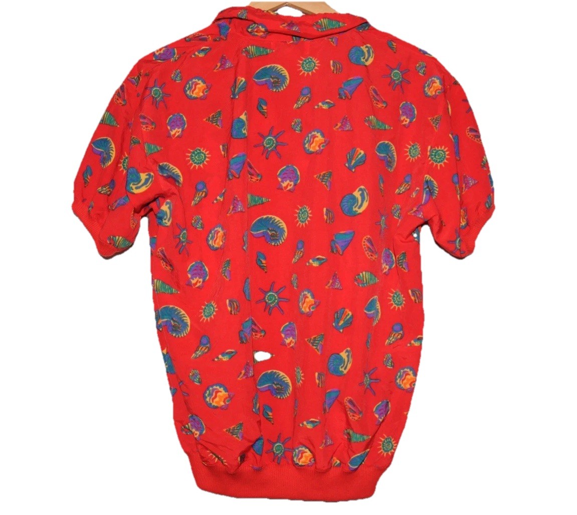 Vintage 80s Bold Seashell Embroidered Vacation Beach Polo Shirt Sz Small Kitschy