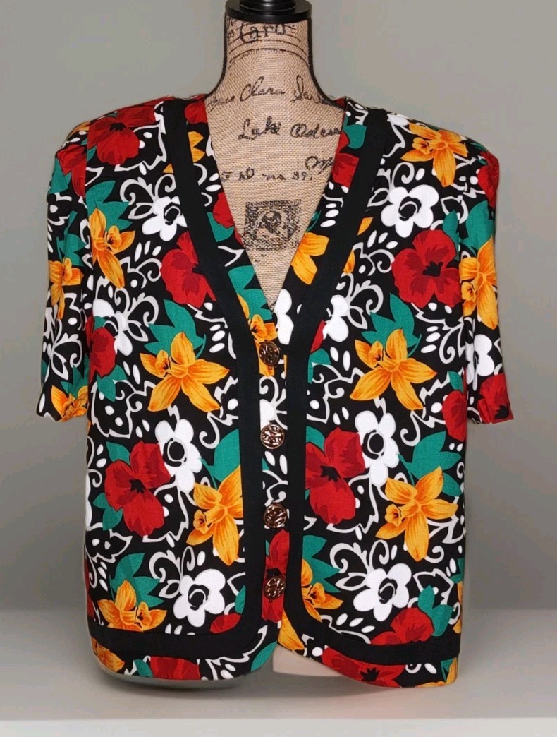 Vintage Lady Carol – Boxy Black Bold Floral Print Button Up Blazer – Size 15