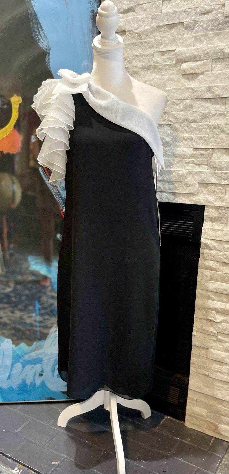 VTG 1980’s Dynasty Black And White One Shoulder Ruffle Bow Cocktail 80s Dress