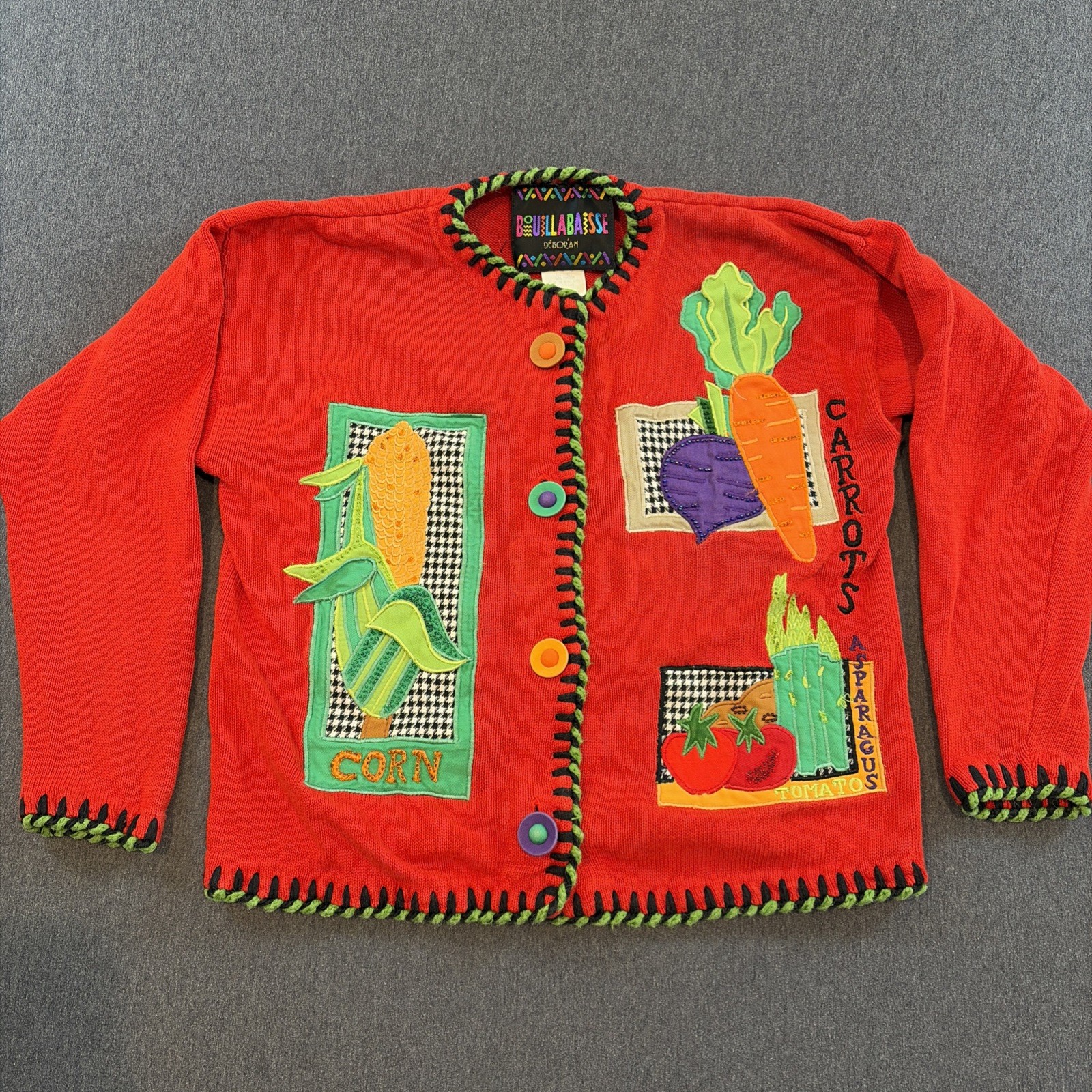Vintage Cardigan Knit Fabric Medium Bouillabaisse Deborah 3D Corn,carrot,tomato