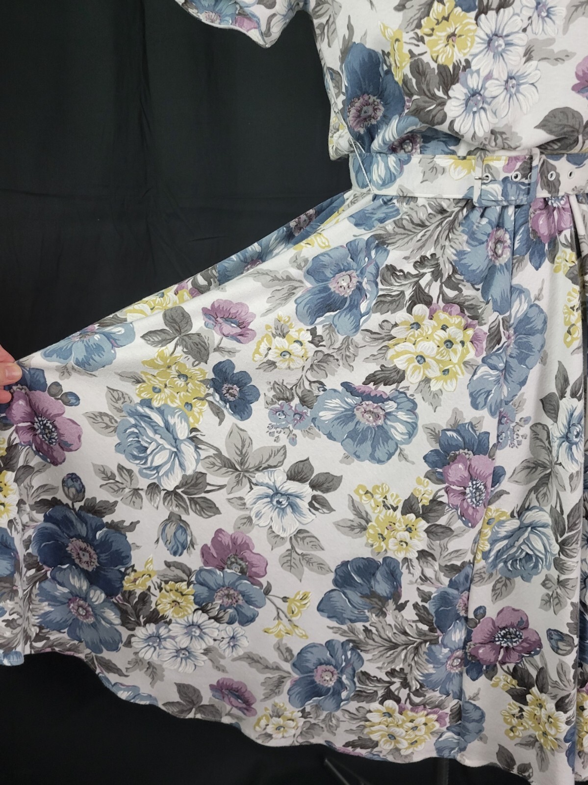 Vtg Stuart Alan Petites White/Blue/Purple Floral Blouson Knit Dress Size 8P