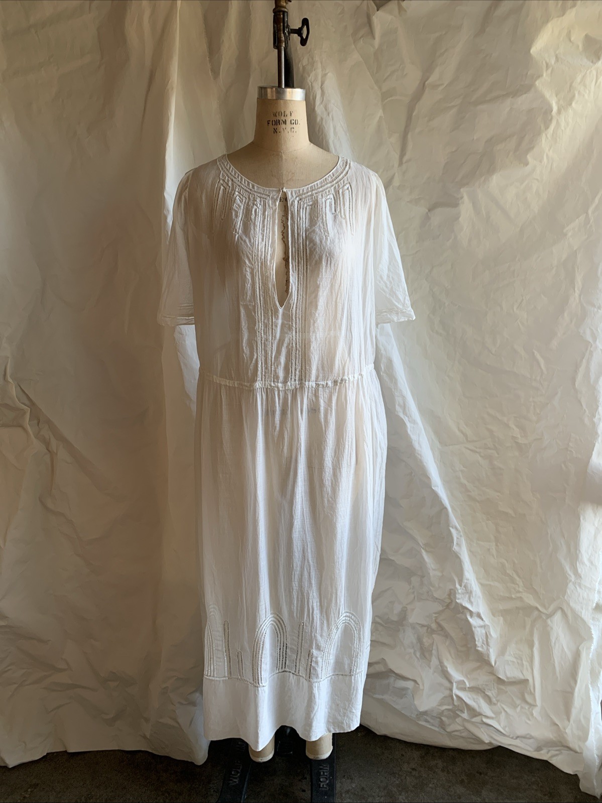 VTG Women&rsquo;s 20s White Sheer Cotton Voile Dress W/ Open Work Detail Sz M/L 1920s