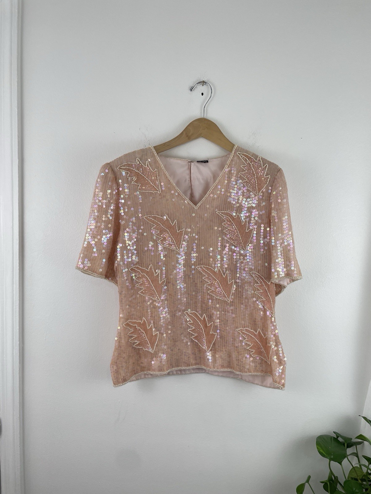 Vintage 100% Silk Beaded Blush Pink Formal Evening Blouse Top Women’s Medium