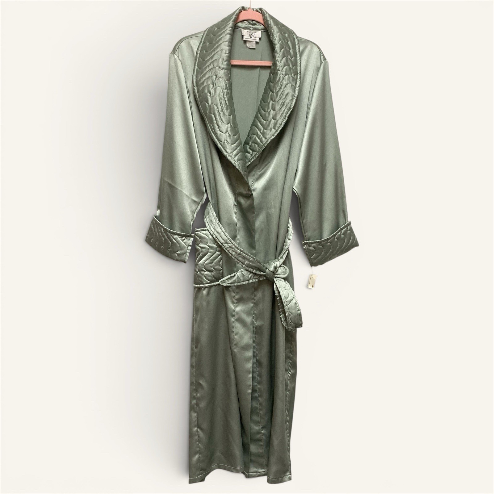 Valentino Intimo Full Length Satin Robe Sz Medium Sage Green Vintage Belted NWT