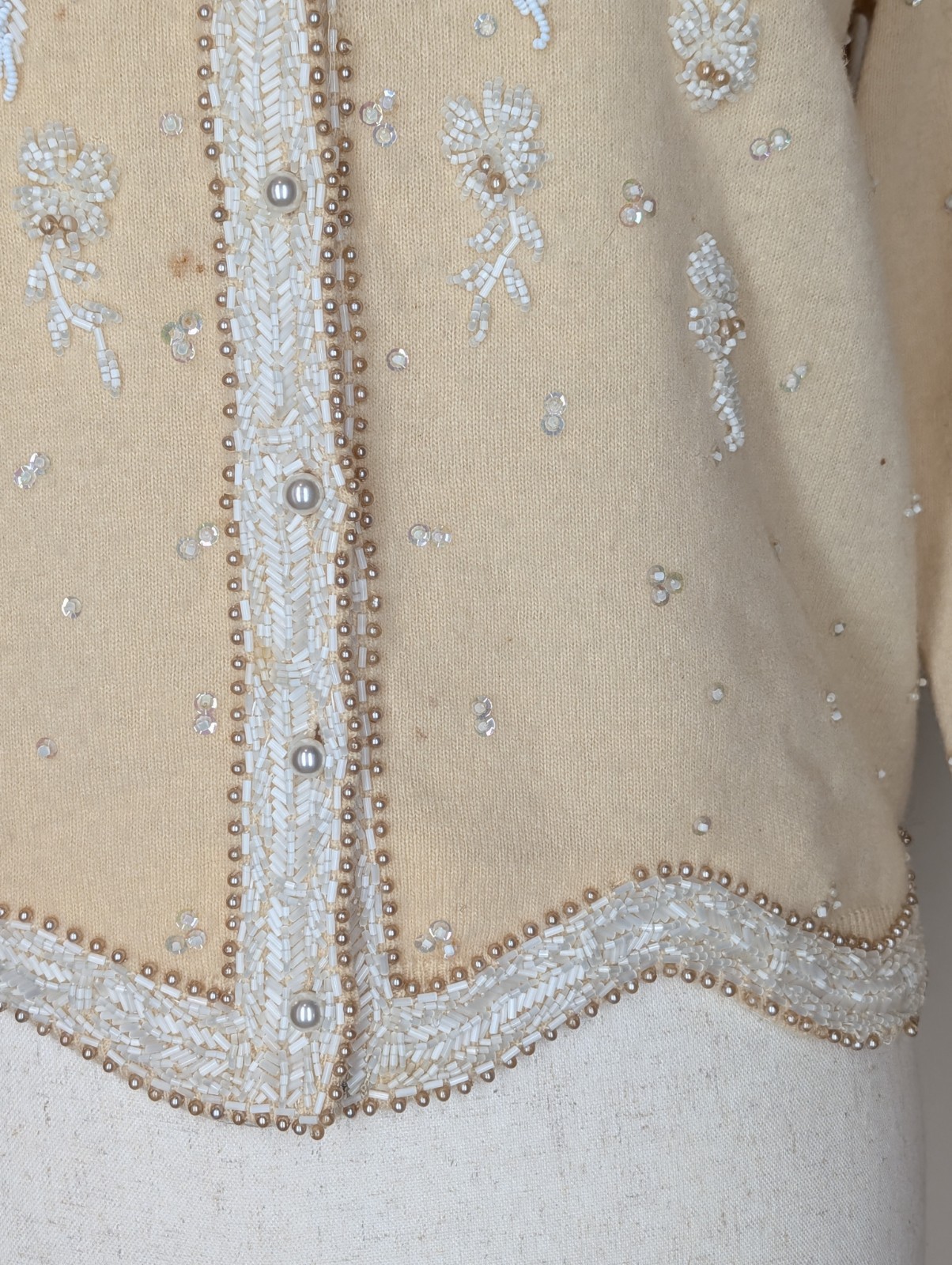 Vintage 1950s Hand Beaded Cardigan Cream With White Floral Beading Size Small