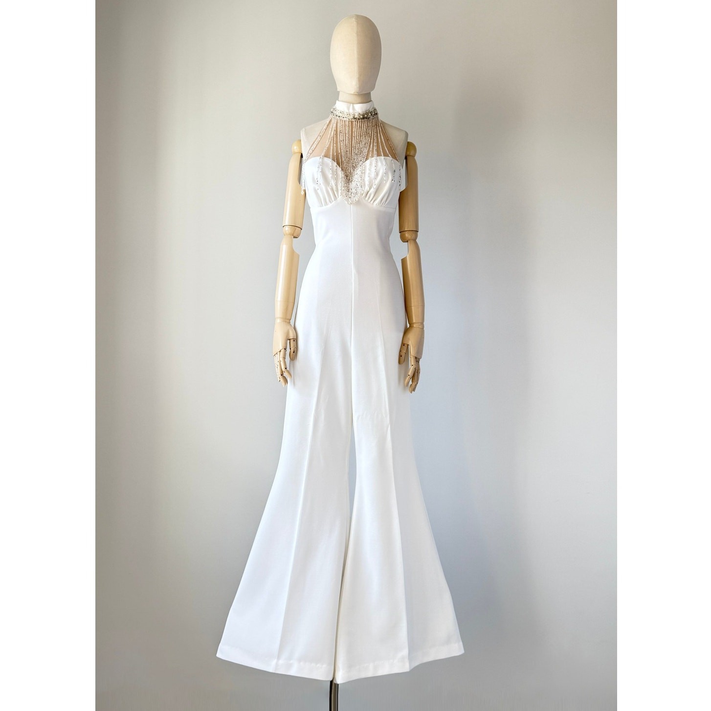 Vintage 1970s White Beaded Frederick&rsquo;s of Hollywood Halter Bridal Jumpsuit SMALL