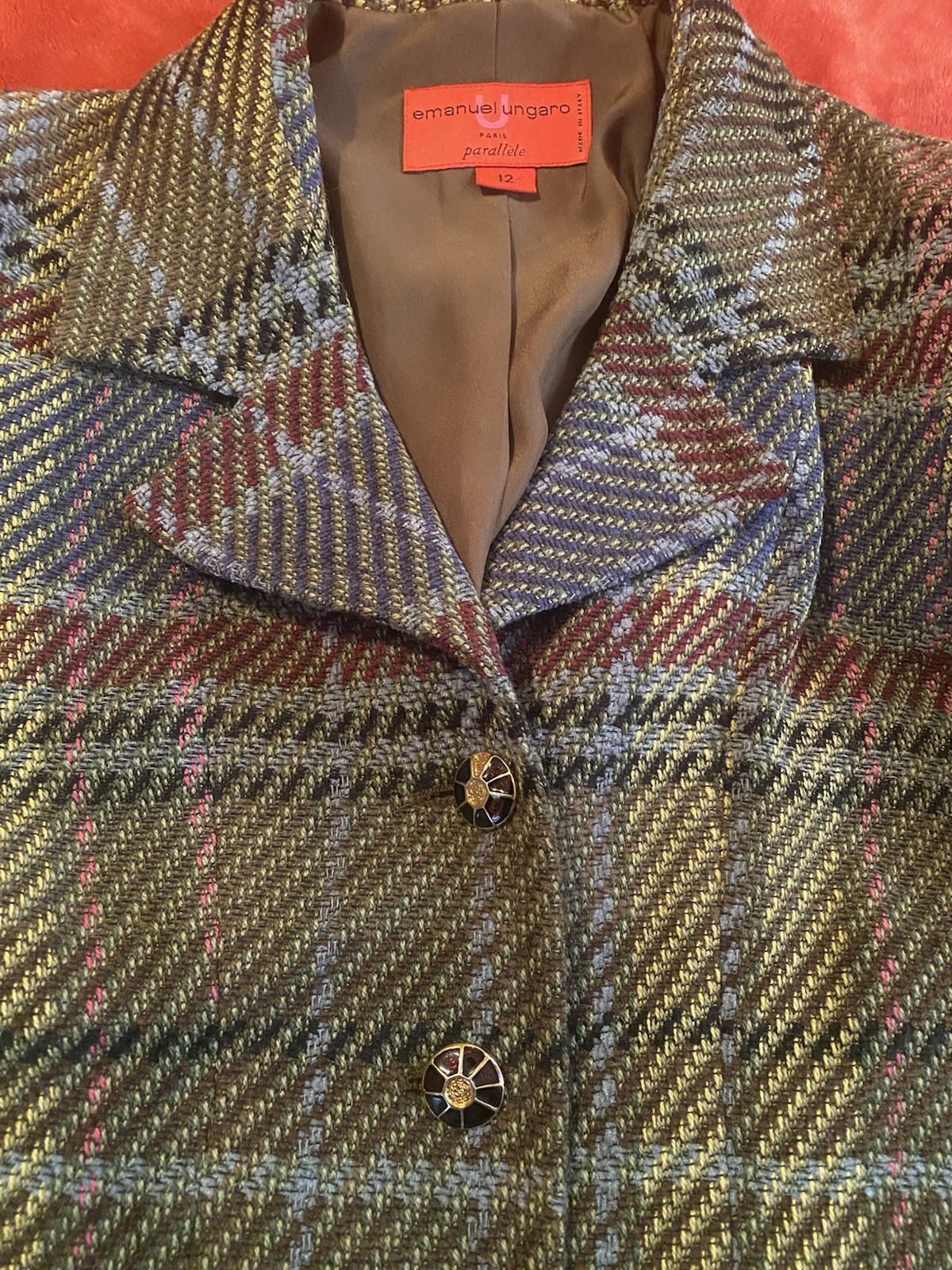 Vintage Emanuel Ungaro Paris Paralleled tweed plaid blazer jacket Sz 12 M Y2k