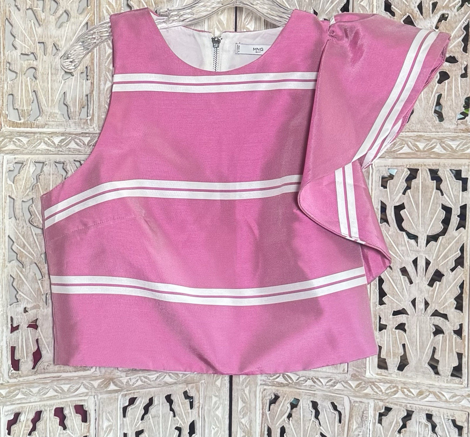 Vintage MNG Suit Mango SZ M Iridescent Pink Elegant One Shoulder Ruffle Paris