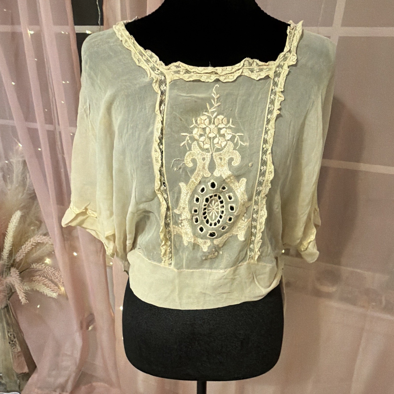 Vintage 1920s Sheer Embroidered Blouson Blouse Flapper Batwing Lace Top As-Is