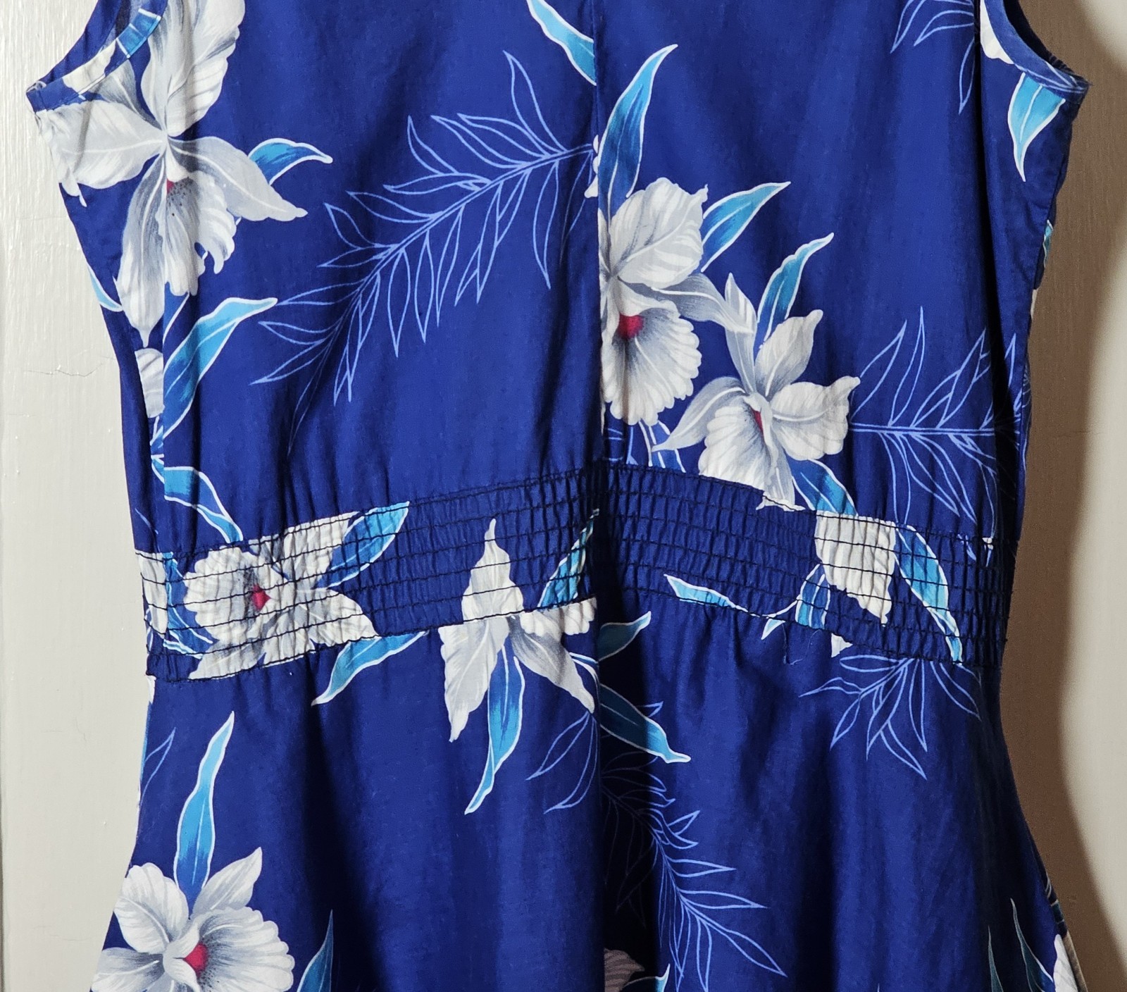 VGT 90s Banana Bay Dress Size M Blue Cotton Tropical Floral Hawaiian Hibiscus