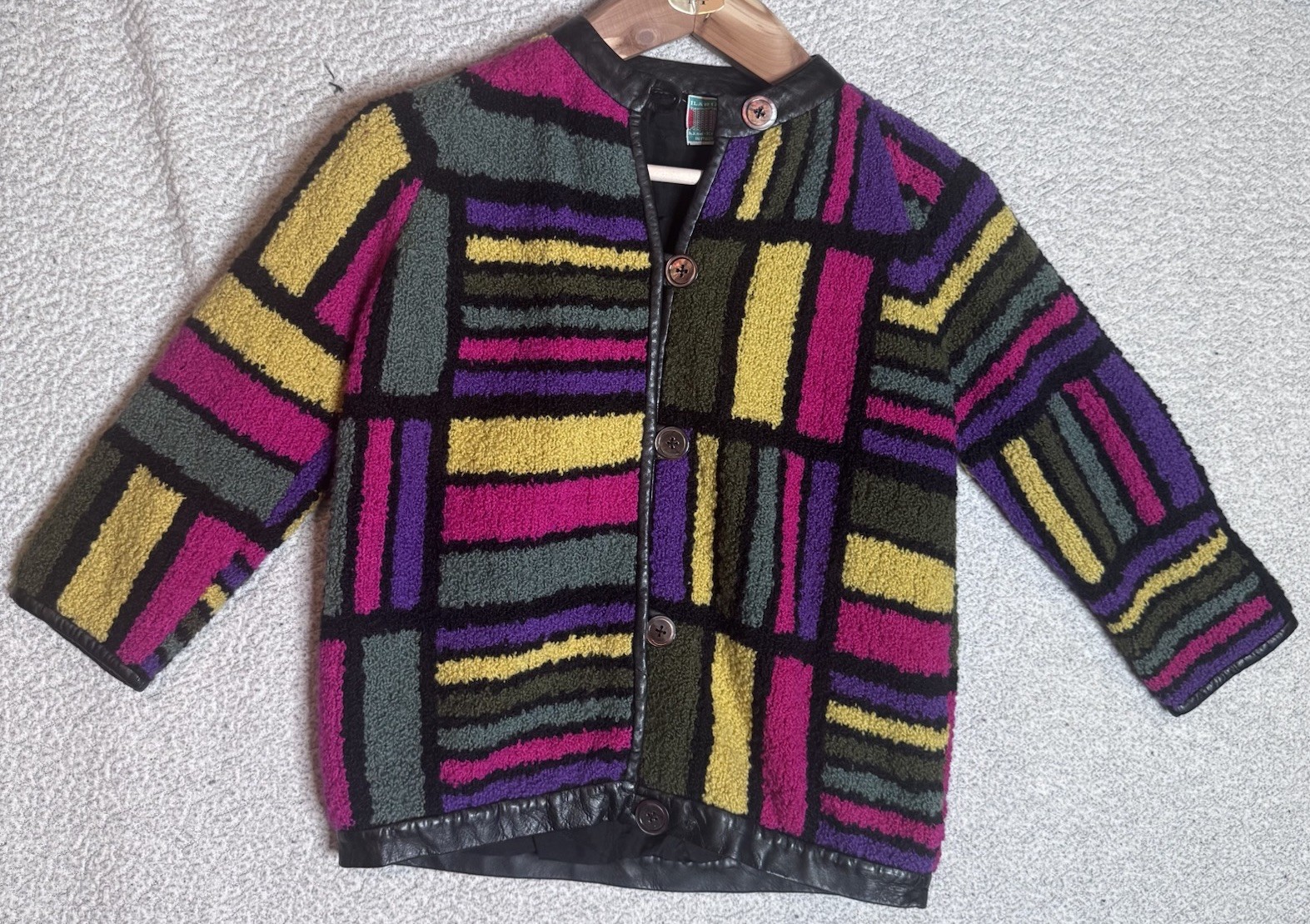 60’s Ilaria Technicolor Colorblock Geometric cardigan sweater Leather Trim