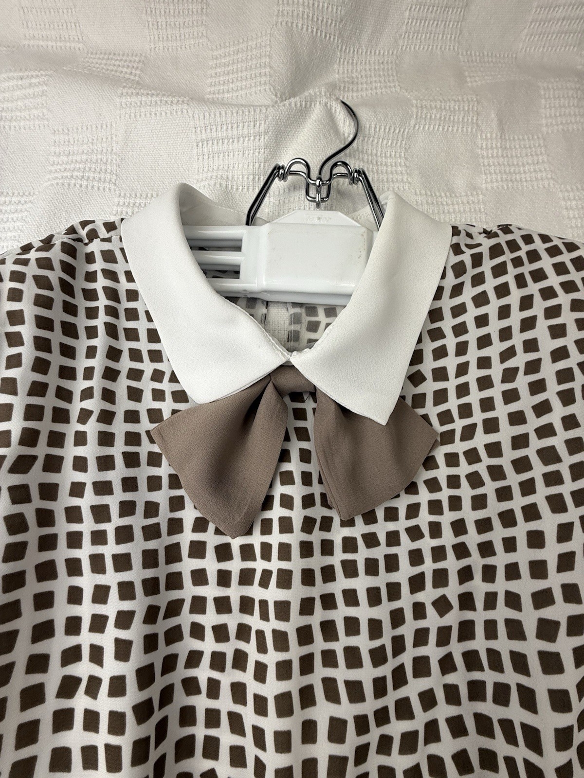 Vtg 70s Brown Geometric Semi Sheer Poly Chiffon Secretary Dress Buckle Belt M/L