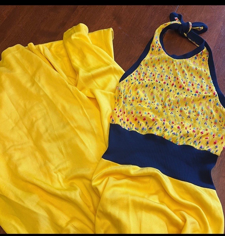 Vintage Young Edwardian by Arpeja Yellow Confetti Knit Maxi Halter Dress