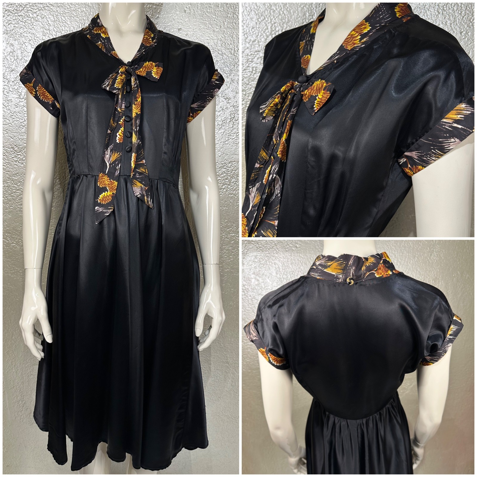 Vintage 1940&rsquo;s Ladies Handmade Black Satin Dress Pinecone Accent Cap sleeves SM