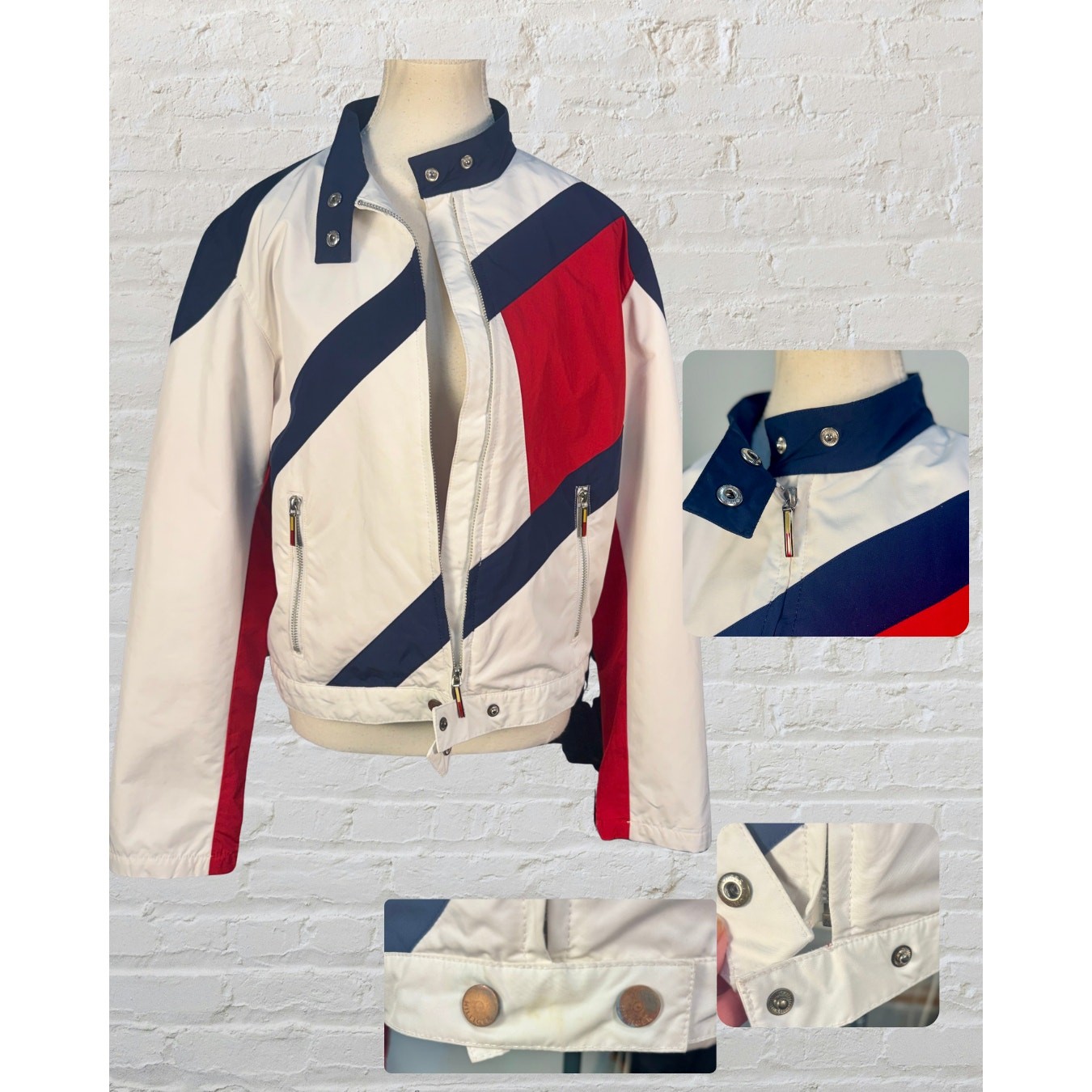 Vintage 2002 Tommy Jeans Red White Blue Full Zip Snap Strap Moto Biker Jacket L