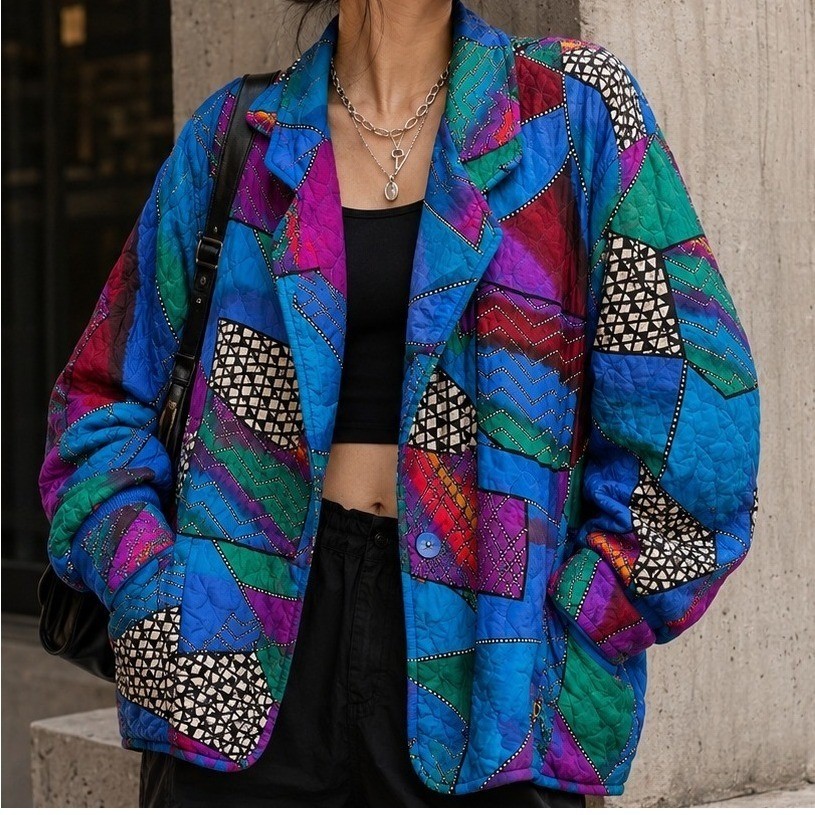 Neiman Marcus Vintage 80s 100% Silk Quilted Jacket Art To Wear Color block Retro