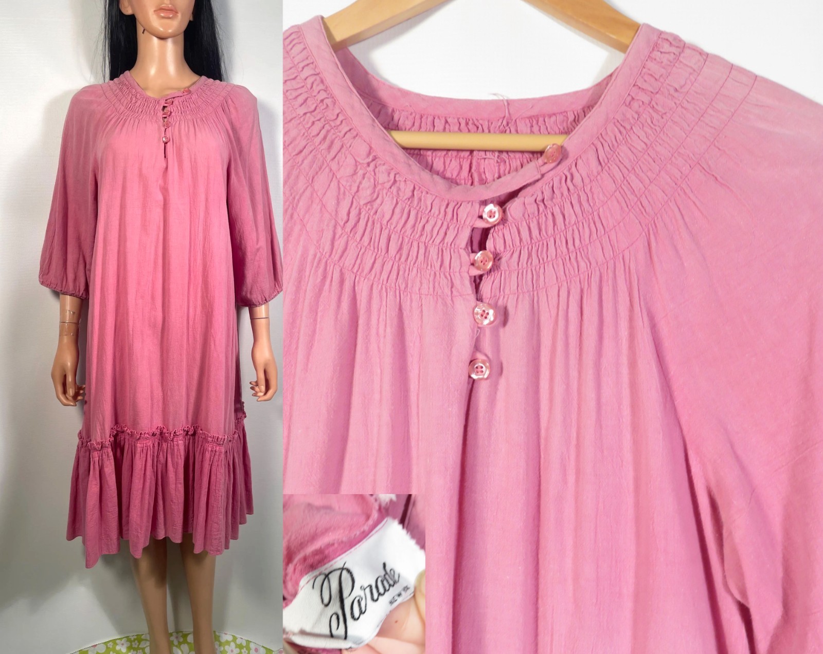 Vintage 70&rsquo;s Gauze Cotton Pink Tunic Tent Ruffle Hem Dress Size Up To L