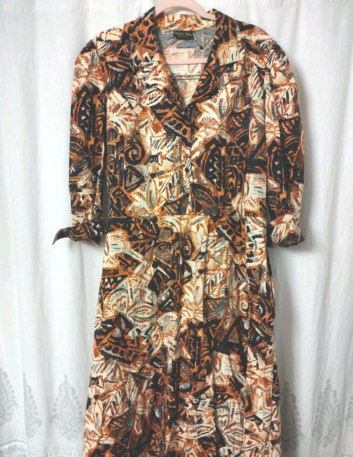 Stuart Alan Size 18 Vintage A-line Brown Print Dress Button Front Collar Womens